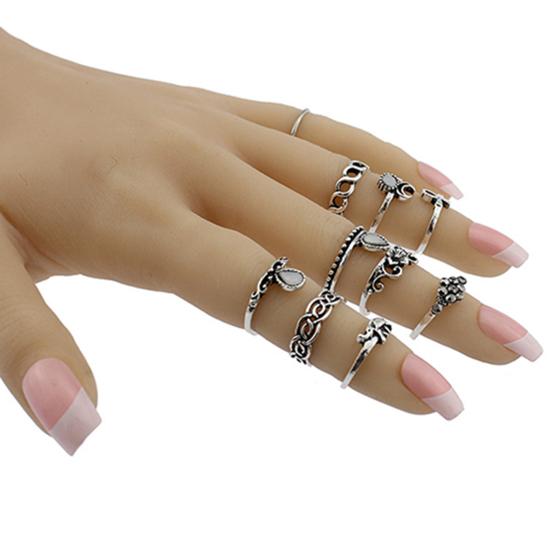 10Pcs/Set Knuckle Finger Rings Vintage Anti-rust Flower Hollow Women Jewelry for Camping