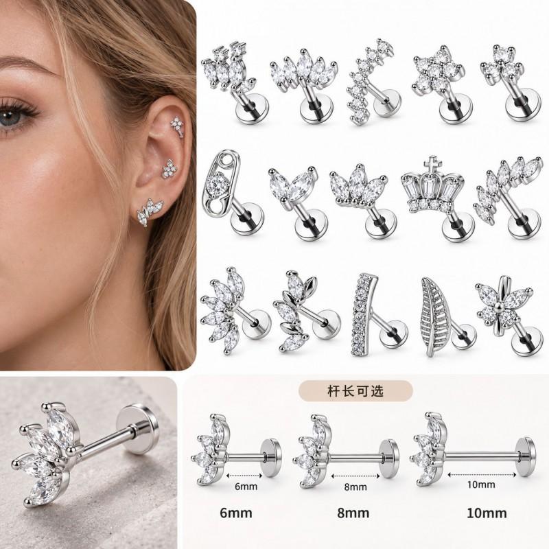 Stainless Steel Lip Ring Threaded Leaf Piercing Jewelry Micro Paved Zircon Minimalist Design