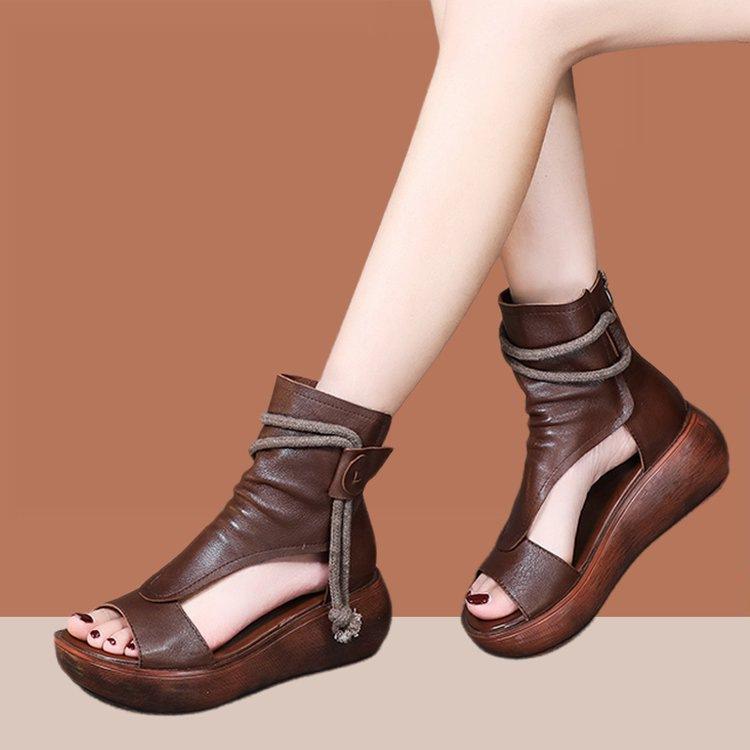 Retro Soft Leather Wedge Heel Platform Sandals New Summer Soft Sole High Top Heightening Muffin Bottom Fish Mouth Roman Shoes