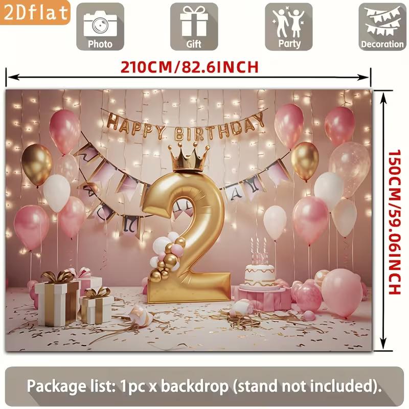 2D 2nd Birthday Pink Gold Balloon Backdrop Banner Photo Booth Background