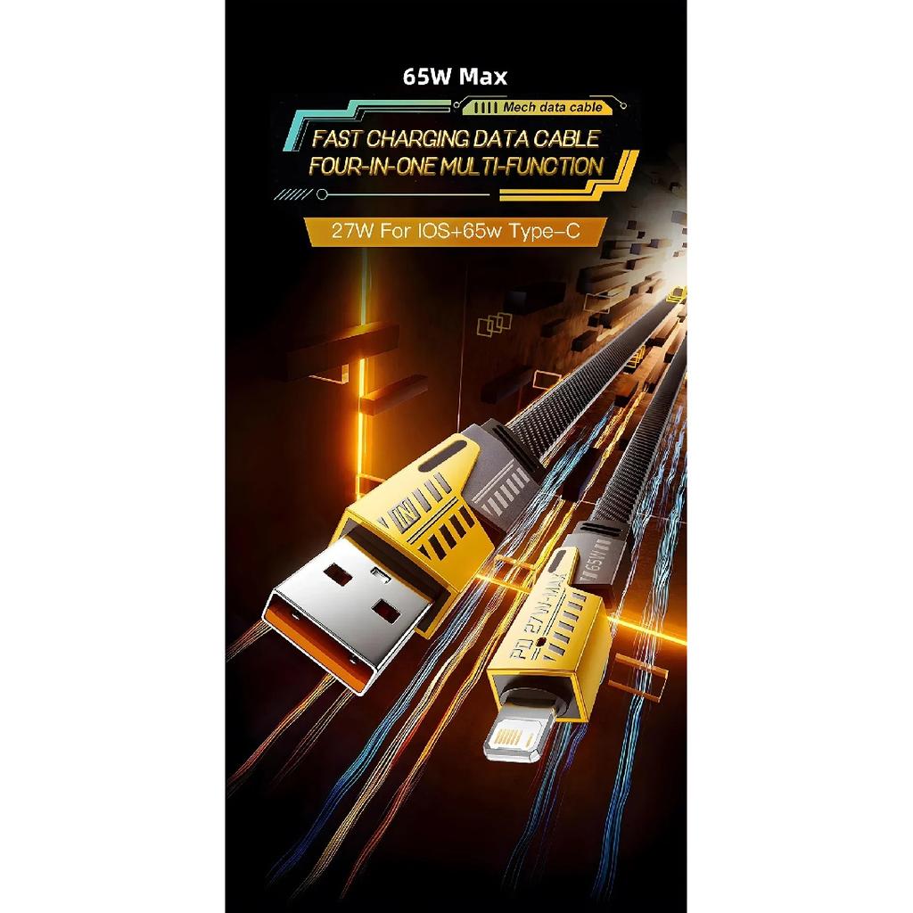 65W 4-in-1 Fast Charging PD QC Mecha Cable USB C Multi-Port Quick Charge Wire For Android iPhone XS 11 12 13 14 15 16 17 Pro Max