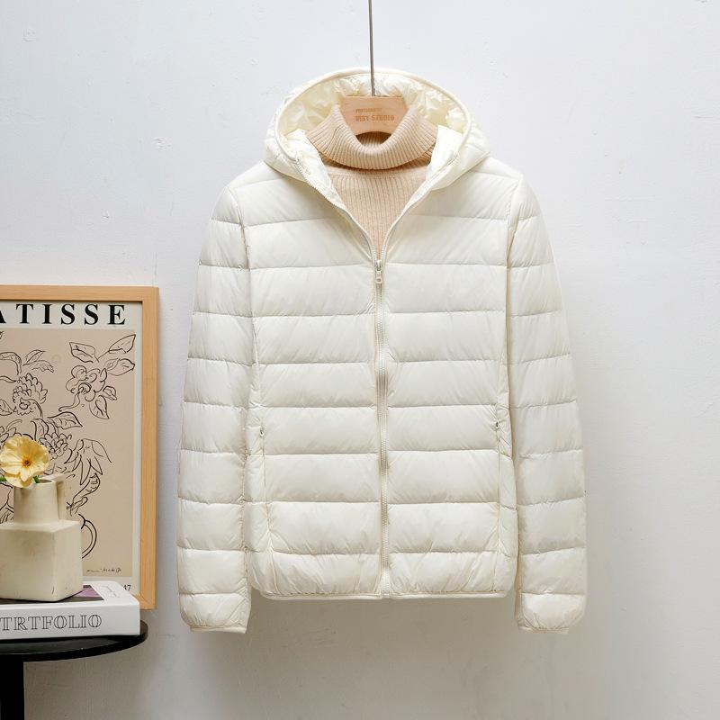 Down jacket women's light and thin fashion hooded short plus large size plus fat white duck down light European size coat