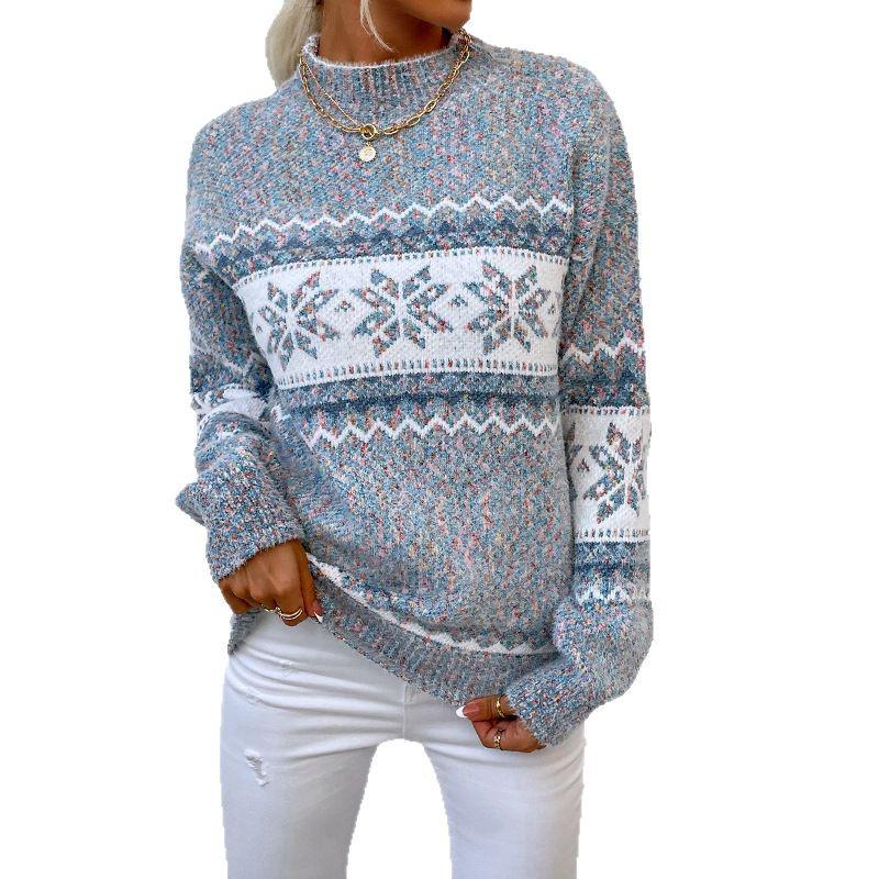Women's Autumn/Winter Snowflake Pullover Sweater with Semi-High Neck