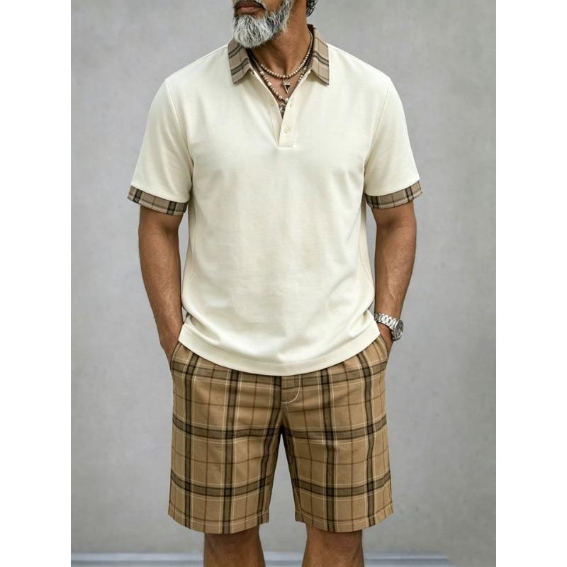 Men Casual Plaid Short Sleeve Polo Shirt And Shorts Outdoor Sports Set