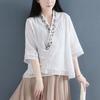 Camicia da donna in cotone e lino, stile etnico estivo, stile retrò Hanfu, finto due pezzi, manica a tre quarti, bottoni ricamati