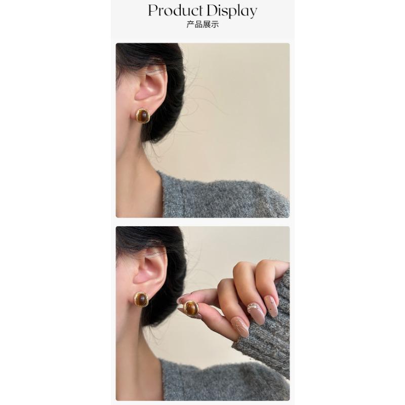 Vintage Retro Tiger Eye Stone Stud Earrings For Women Unique Niche Design Jewelry