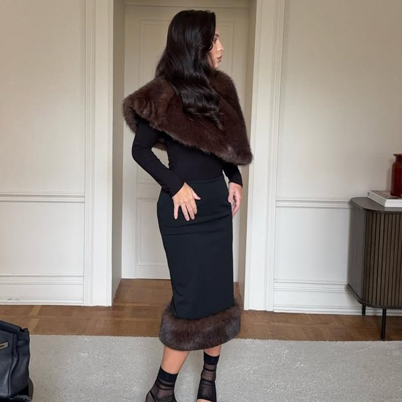 2 Piece Sets Fur Feather Skirts Outfits Women 2026 New Cover Up Shawl Top And Long Skirt Sets Elegant Streetwear Skirts Suits
