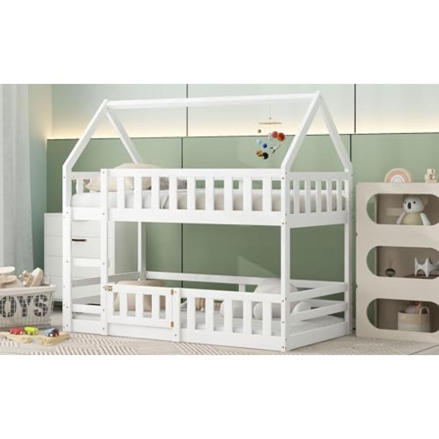 Twin Over House Bunk Bed with Fence and Door, White Bed Frame, Heavy Duty Strong Support Slats, Storage Space Under Base, Easy