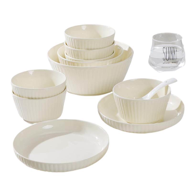 Japanese-Style Milk White Dishware Set: Creative Double-Handle Soup Bowl, Rice Bowl, Plate, and Vegetable Plate.
