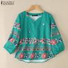 ZANZEA Women Casual V-Neck 3/4 Sleeve Loose Print Blouse