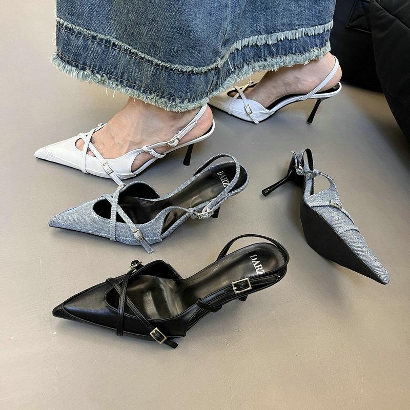 Fashion States Sexy High Heels 2024 Summer New Women'S Baotou Sandals A Buckle With Pointed Head After The Empty Single Shoes Women