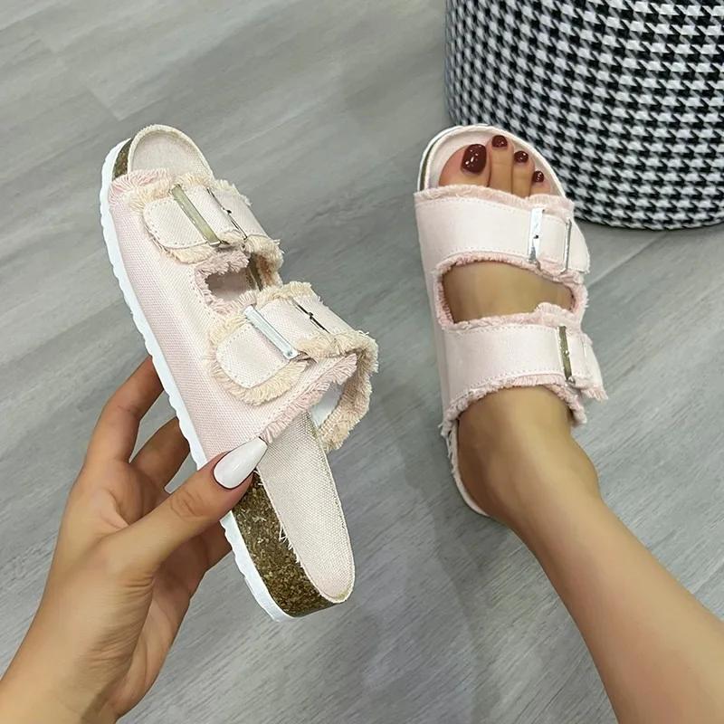 Shoes for Women 2024 Hot Sale Buckle Women's Slippers Summer Open Toe Solid Outdoor Flat Casual Comfortable Large Size Slippers