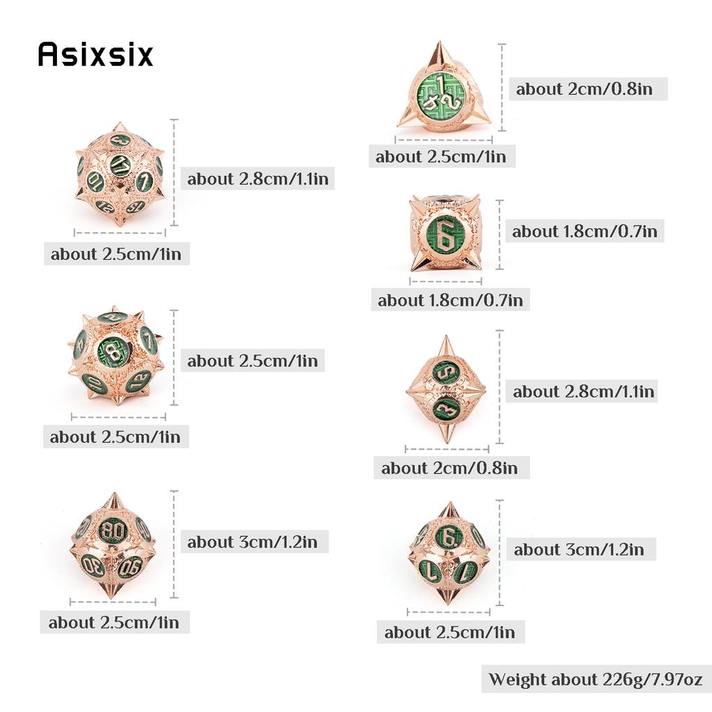 7 Pcs Copper Green Meteor Hammer Metal Dice Solid Metal Polyhedral Dice Set Suitable For Role-Playing Dice PropBoard Game Gift