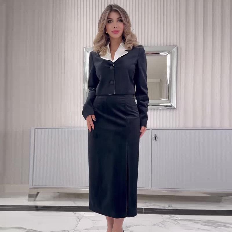 Costum de Toamnă 2024 pentru Femei, Color Block, Guler Reversat, Croială Slim Fit & Set Fustă cu Volan în Talie