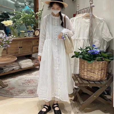 Vestido solto de renda vazada feminino japonês Mori para mulheres, vestido fino solto casual vintage para verão