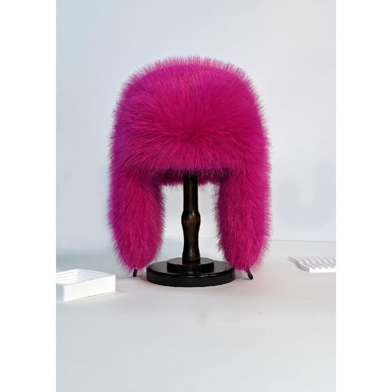 

Winter women s thickened warm windproof faux fur fox fur ear-protecting plush hat темно-рожевого кольору