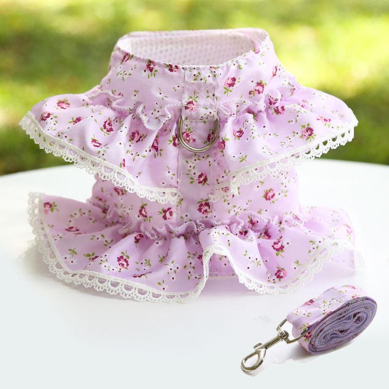 Dog Cat Harness Leash Set Adjustable Lace Floral Printed Pet Harness Vest Cute Dog Dress Pubby Mesh Cat Walking Lead