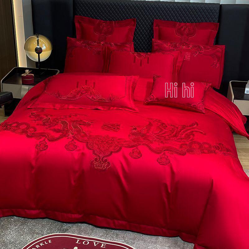 G5Z Κινεζικού Στυλ Κεντητό Κόκκινο Σετ Κλινοσκεπασμάτων Γάμου - Εορταστικό Τετραπλό Σετ με Παπλωματοκάλυμμα για Νιόπαντρα