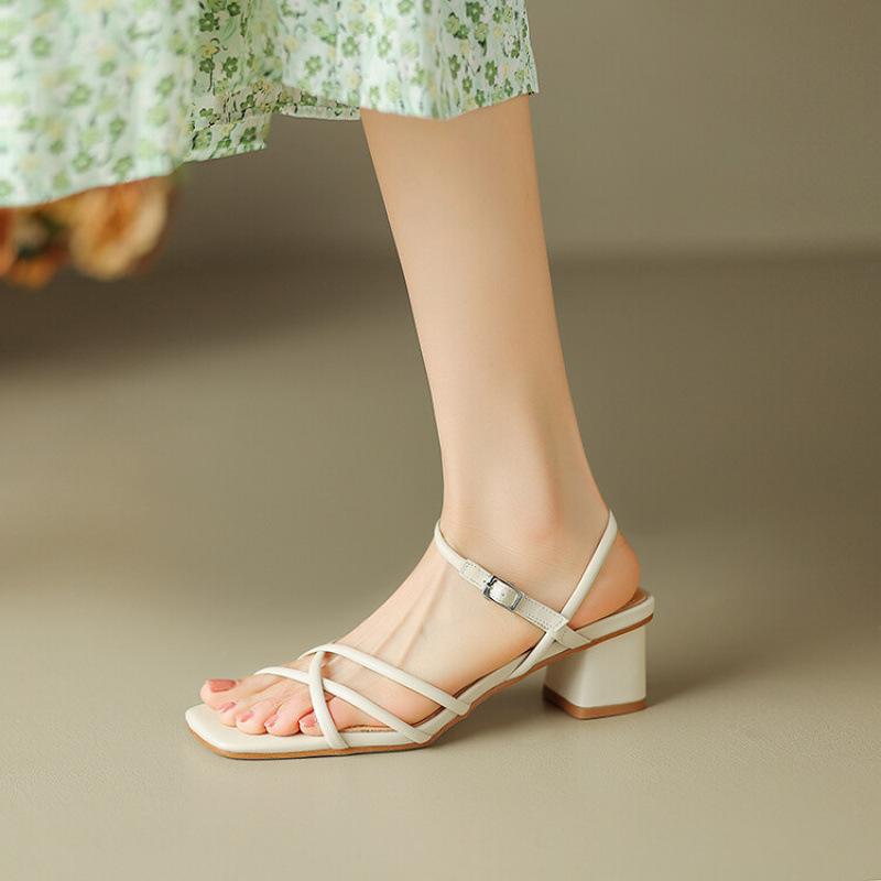 New buckle thick heel sandals women's summer women's leather one-word sandals square head non-slip beef tendon sole large size women's shoes