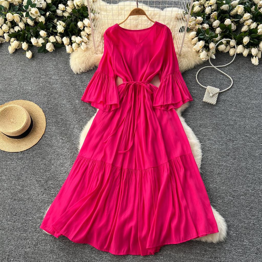 Abito Dolce Manica Svasata Scollo a V Stampa Volant Allacciato Vacanza al Mare Donne Moda Coreana Abiti Estivi