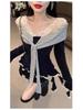French Lace Patchwork Off-Shoulder Long-Sleeve T-Shirt for Women, Autumn Sweet Style, Stripe Color Block, Lace-Up Top