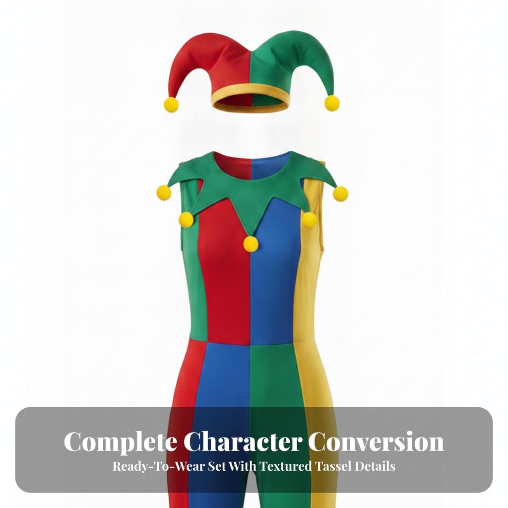 Clown Cosplay Costume Complete Jumpsuit with Hat Jester