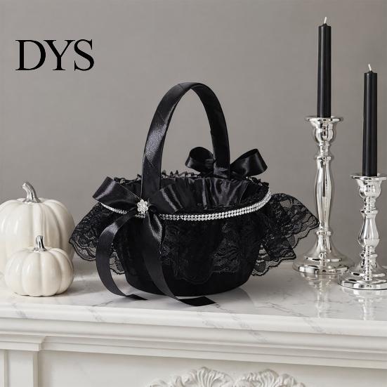 Durable Halloween Basket Black Flower Girl with Handle And Bow, Gothic Satin Lace for Wedding Ceremony, Bridal Party, Home Decor Decorative Masquerade