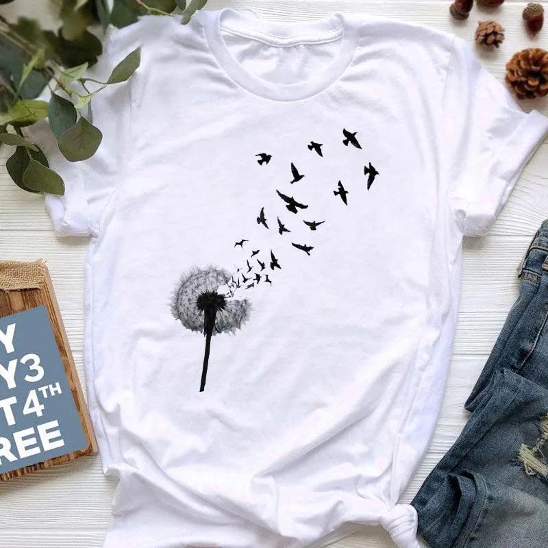 New Summer  Dandelion Butterfly Print Women Tshirt Casual White and Black T-shirt Funny T Shirt Gift for Lady Young Girl Tops