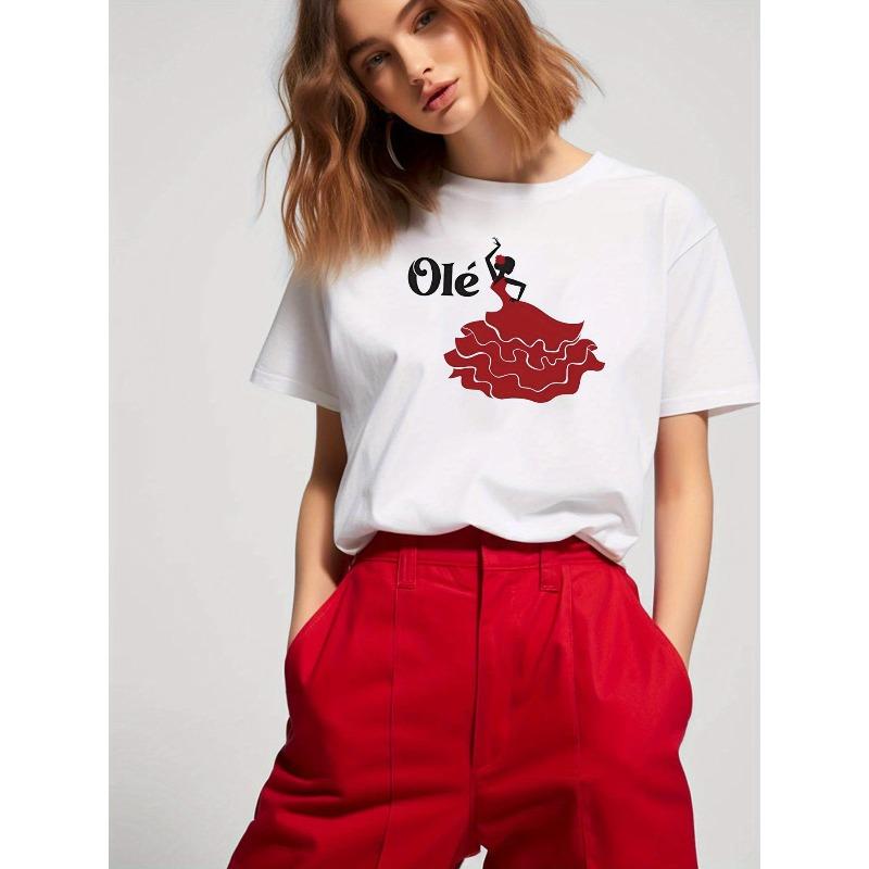 

Women S Casual Crew Neck T-Shirt with Vibrant Red Flamenco Dancer Print - Olé Text, Short Sleeve, Spring/Summer Style, 4XL білий
