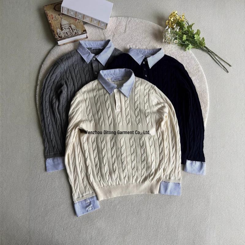 

Men s Autumn Faux Layered Patchwork Cable Knit Polo Sweater Medium абрикосовий