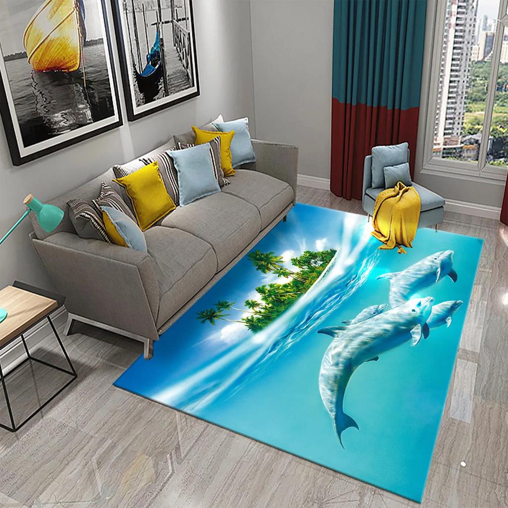 3D Fantasy Dolphin Carpet for Living Room Bedroom Kids Rug Dolphin Series Carpet Hallway Floor Mat Bathroom Kitchen Non-slip Rug