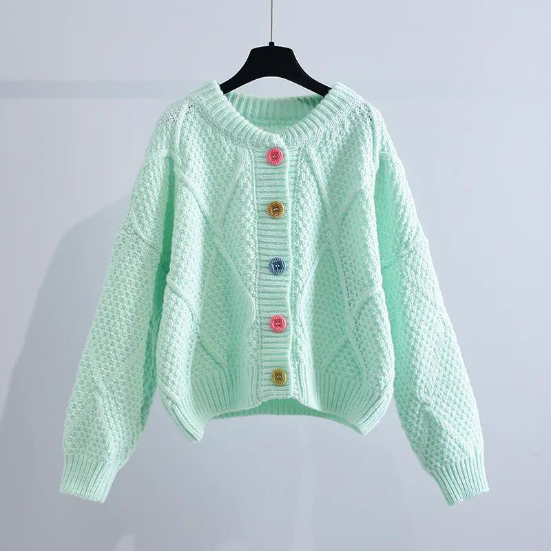 

Вязаный кардиган с круглым вырезом женский 2022 весна и осень корейский верхняя одежда с длинными рукавами цвет пуговицы ромбовидный короткий свитер пальто One Size зелёный