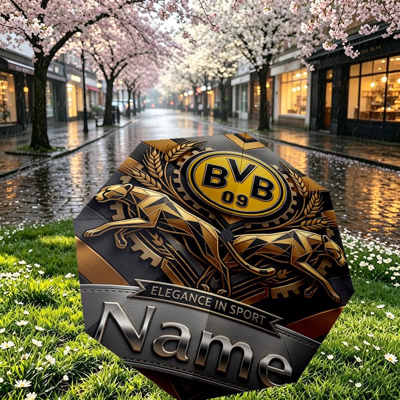 Custom Name Personalized Borussia Dortmund Bvb Print Umbrella, Auto Open Close, 8‑Rib Sturdy Frame, Commute Camping Hiking Use, Birthday Gift
