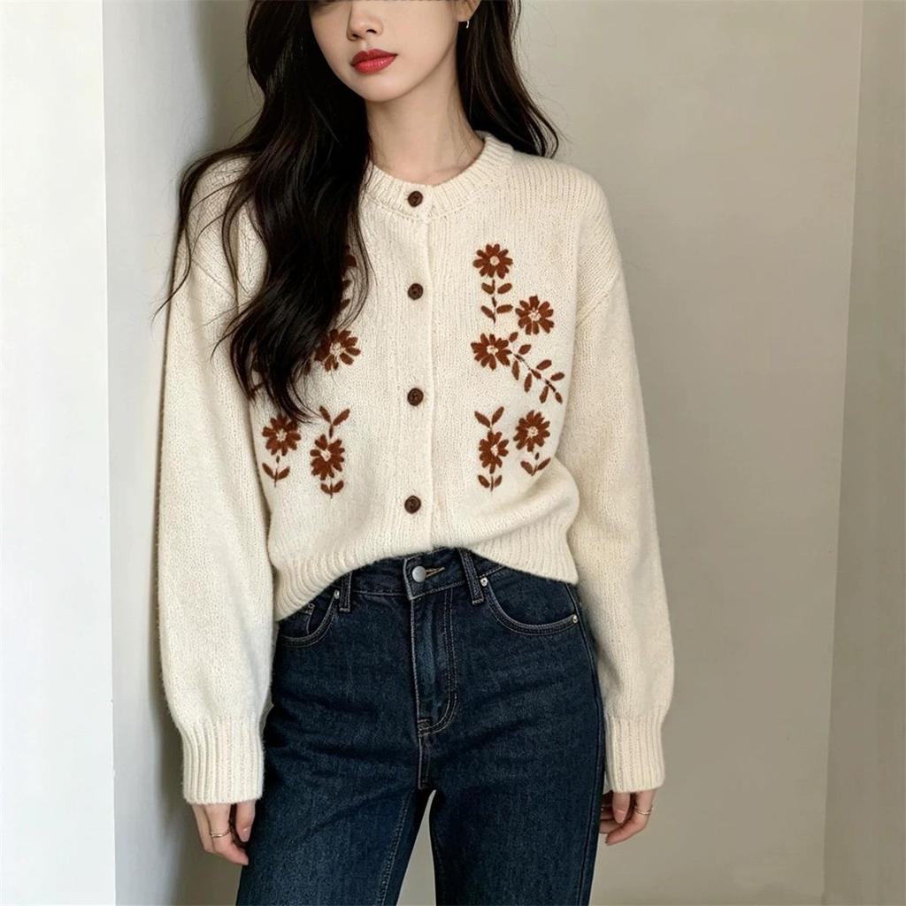 Retro- Strickjacke mit Stickerei im koreanischen Stil für Damen - Gemütlich, Weich und Stilvoll für Herbst/Winter 2026
