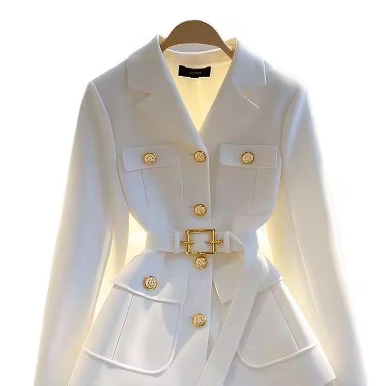 Bottoni alla Moda Risvolto Giacca da Donna per Completo Primavera Autunno Temperamento Blazer da Donna con Cintura Coreano Versatile Capospalla da Donna