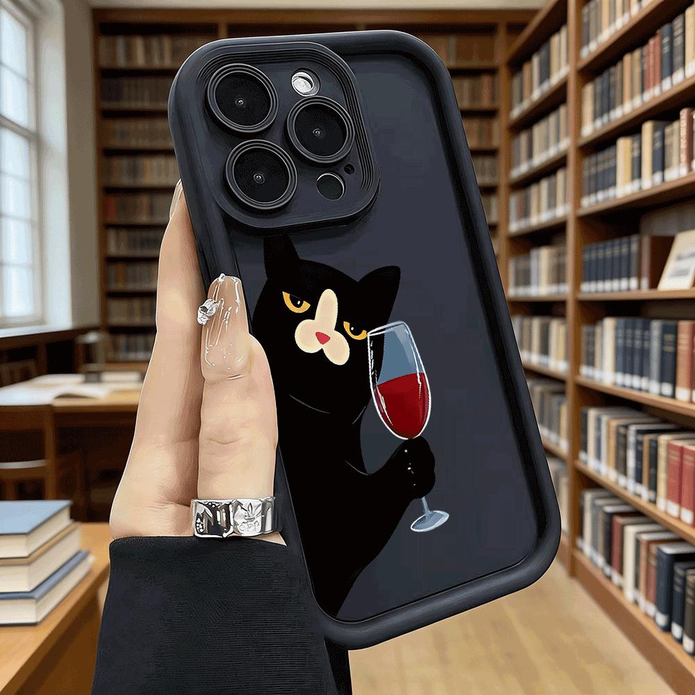 Black Cat with Red Wine Shockproof Soft Phone Case For Xiaomi Redmi Note 15 14 13 12 11 10 9 8 Pro Anti-Slip Anti-Fall Cover