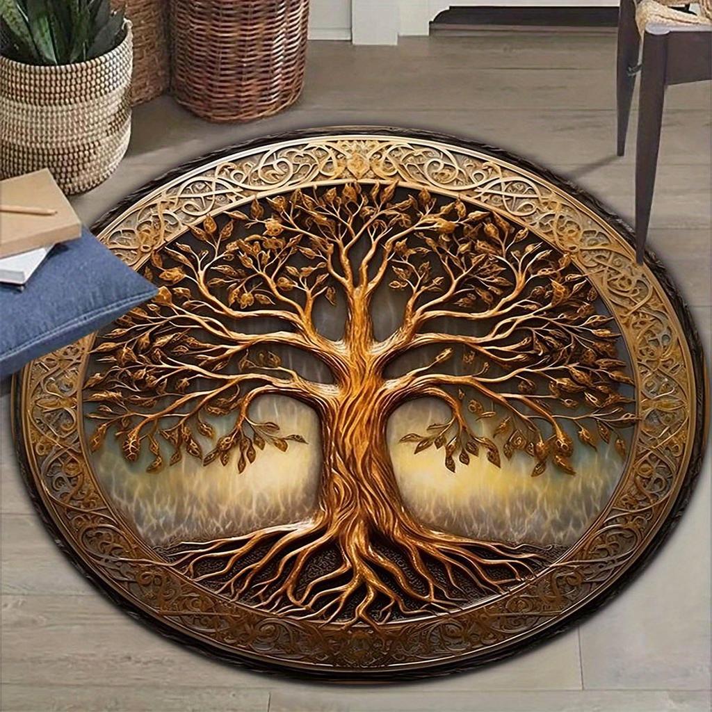 Tappeto Rotondo Albero della Vita - Tappetino Vellutato Antiscivolo con Intricato Design Dorato, Poliestere per Decorazione Soggiorno & Hotel