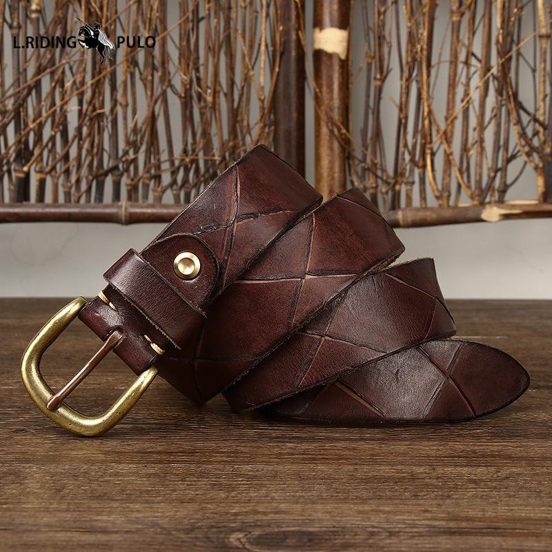 Cintura da Uomo in Pelle con Motivi Dipinti a Mano, Fibbia ad Ardiglione in Vera Pelle, Elegante Cintura Coreana in Pelle di Mucca