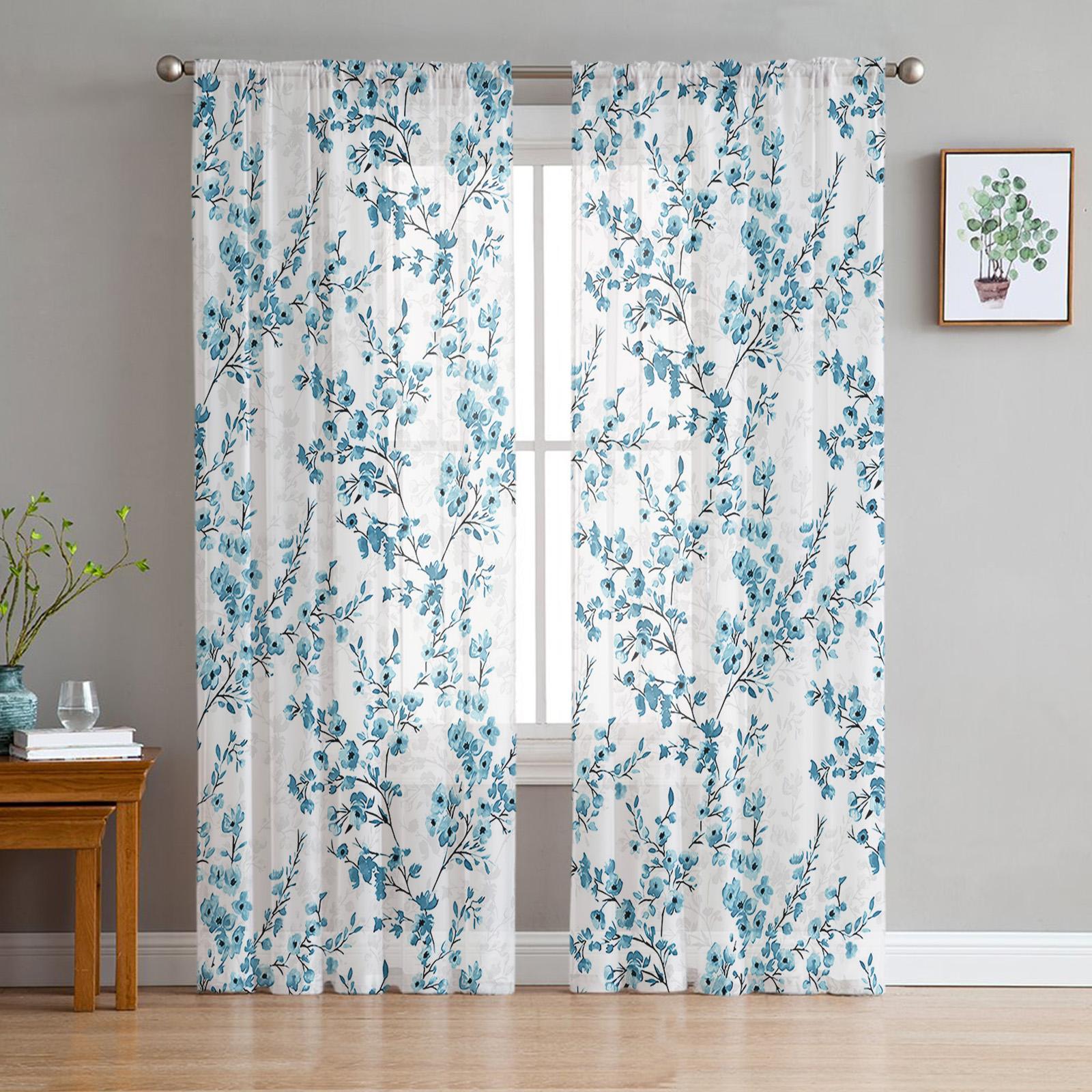 

Синие цветочные листья Прозрачные шторы для украшения гостиной Шторы на окна для кухни Тюль Вуаль Шторы из органзы W135 x H115cm x1&Rod Pocket