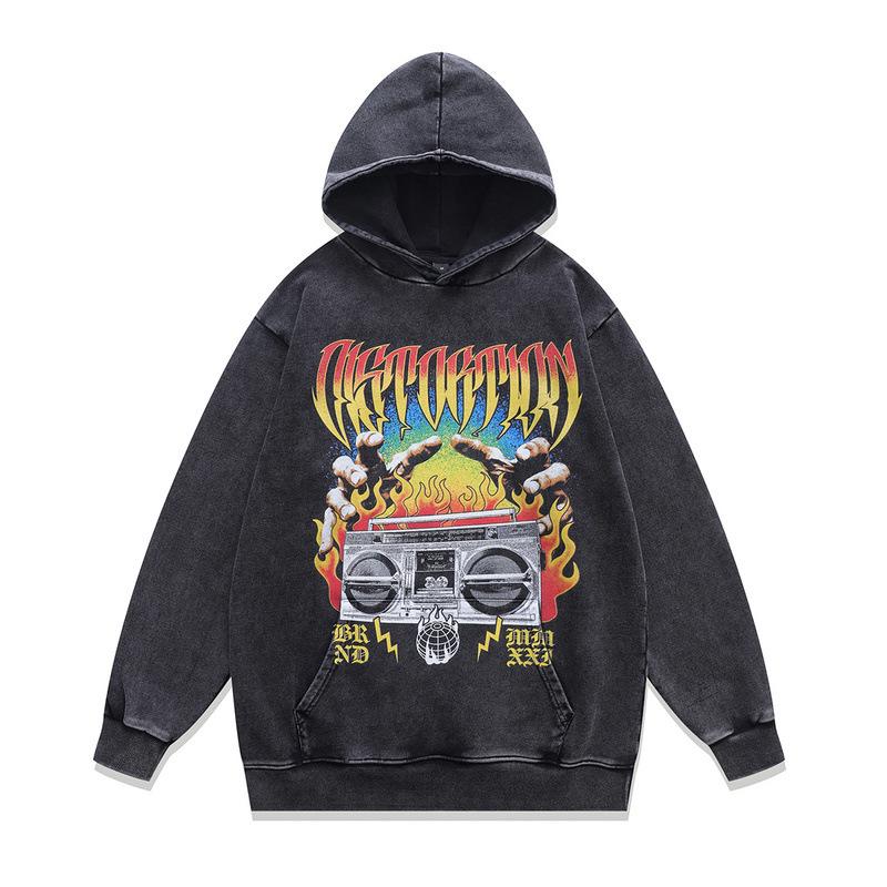 Moletom com Capuz Americano Retrô Estampa Direta em Tinta Branca Oversize Lavado Velho para Homens e Mulheres