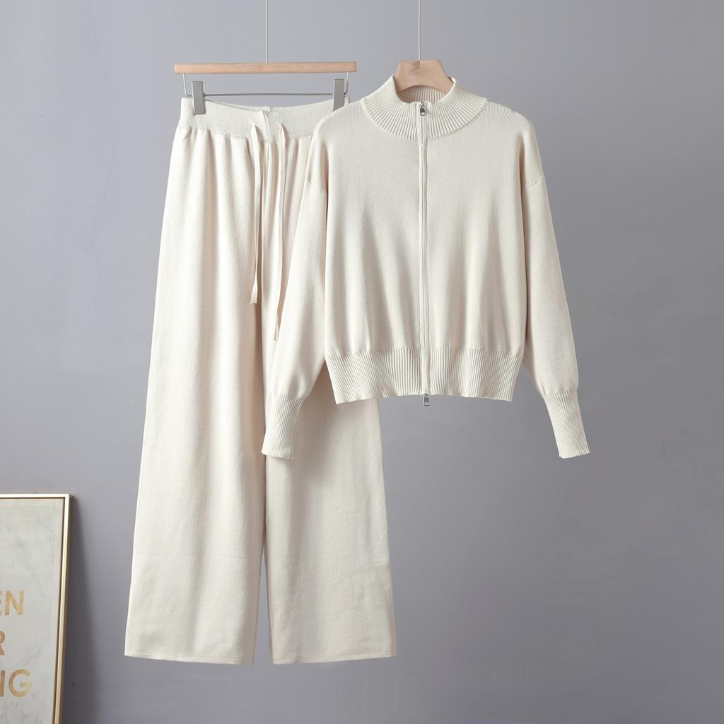 Lazy Wind Casual Knitting Suit Women's Autumn and Winter New Korean Version Crew Neck Zipper Sweater Cardigan Skirt Two-piece Set