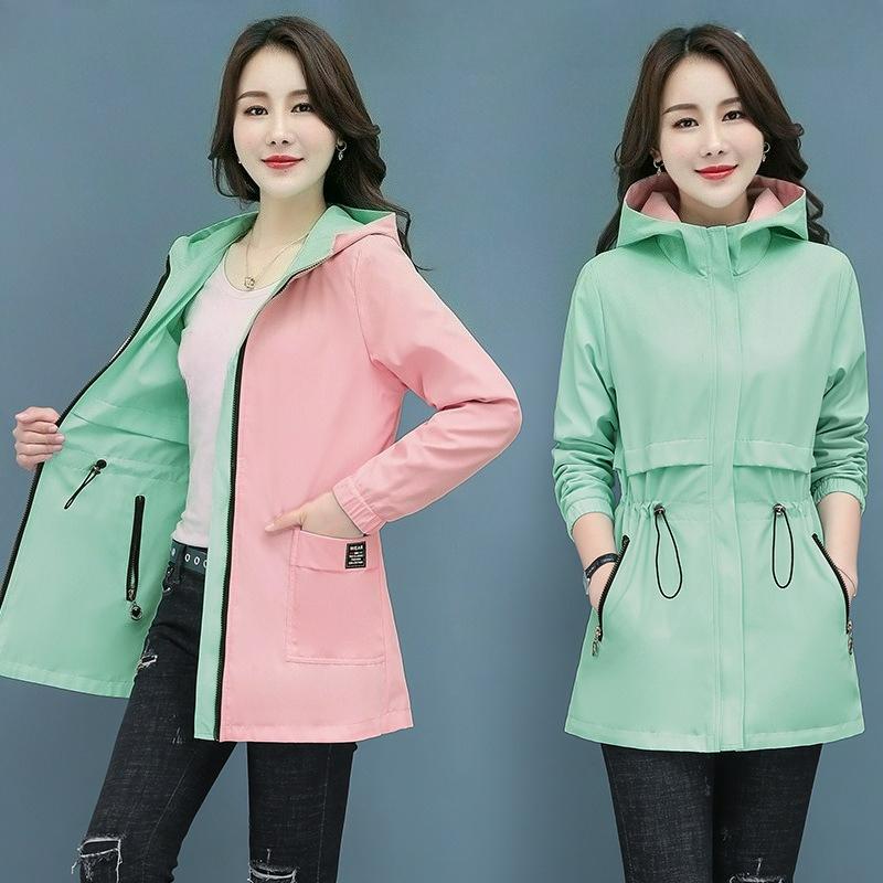 

Jacket Women s Spring, Autumn and Autumn Double-sided Wear Waist Slimming Mid-length Windbreaker All-match Women s Tops Trend S зелёный