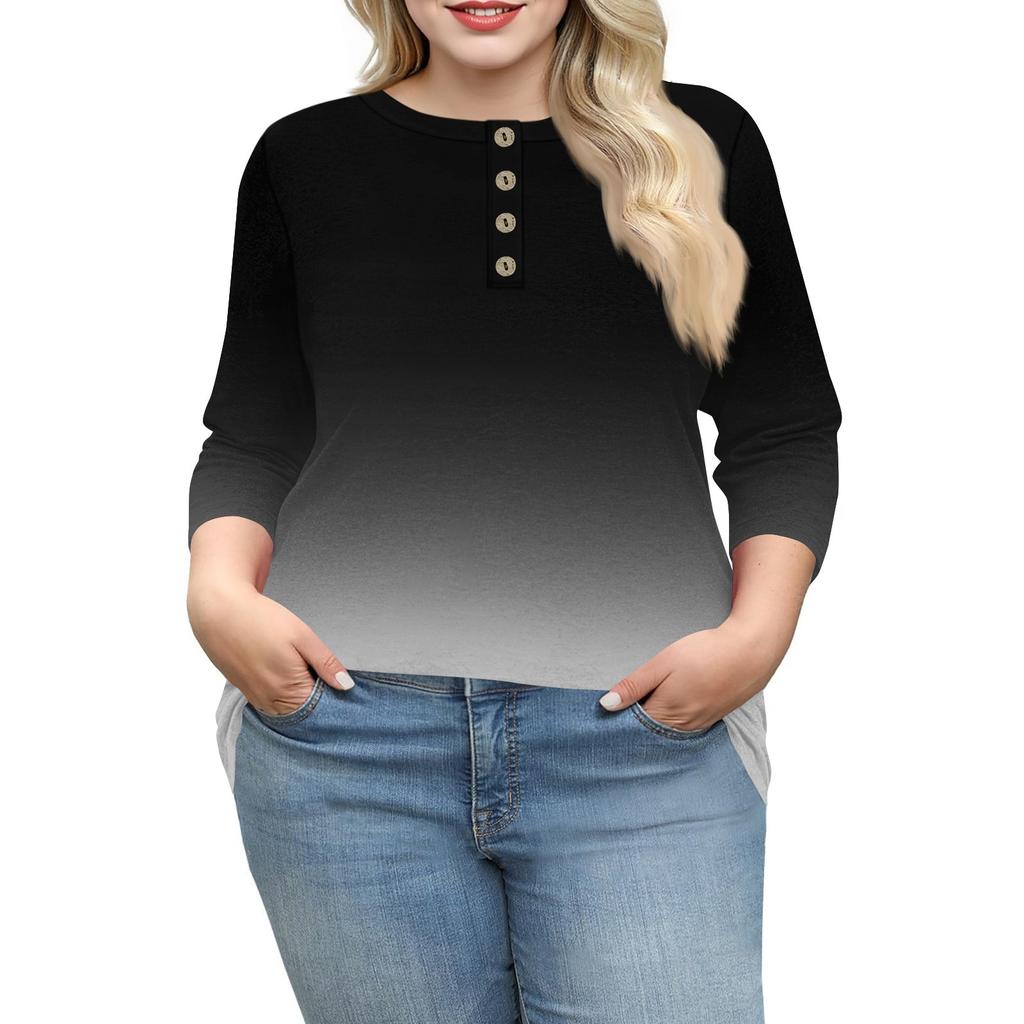 Women's Large Size Print 3/4 Sleeve Button Collar Top T-Shirt Bottoming Shirt