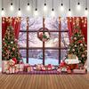 Christmas Photography Backdrop Santa Claus Window Snow Forest Xmas Tree Red Curtain Girl Portrait Photoshoot Backdrops Props12
