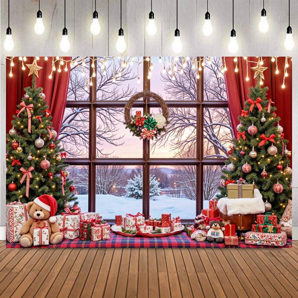 Christmas Photography Backdrop Santa Claus Window Snow Forest Xmas Tree Red Curtain Girl Portrait Photoshoot Backdrops Props12