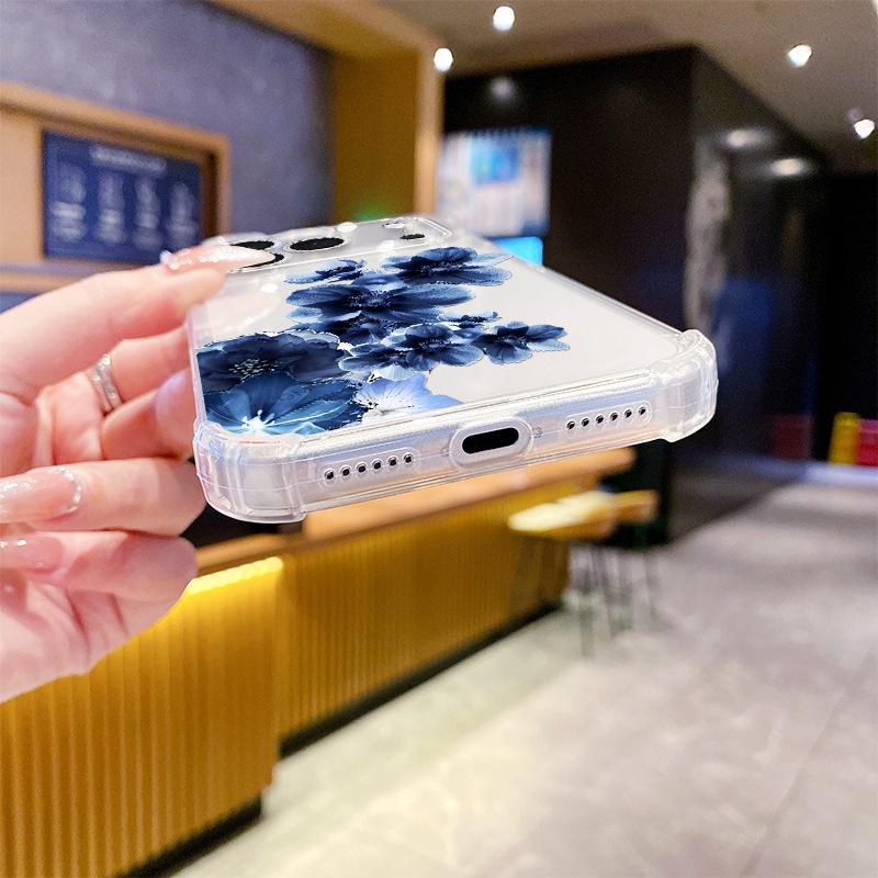 Ink Blue Flower Mobile Phone Case iPhone17/16Pro Four-corner Anti-drop Transparent Case Apple 15 Soft Case Is Hot-selling.