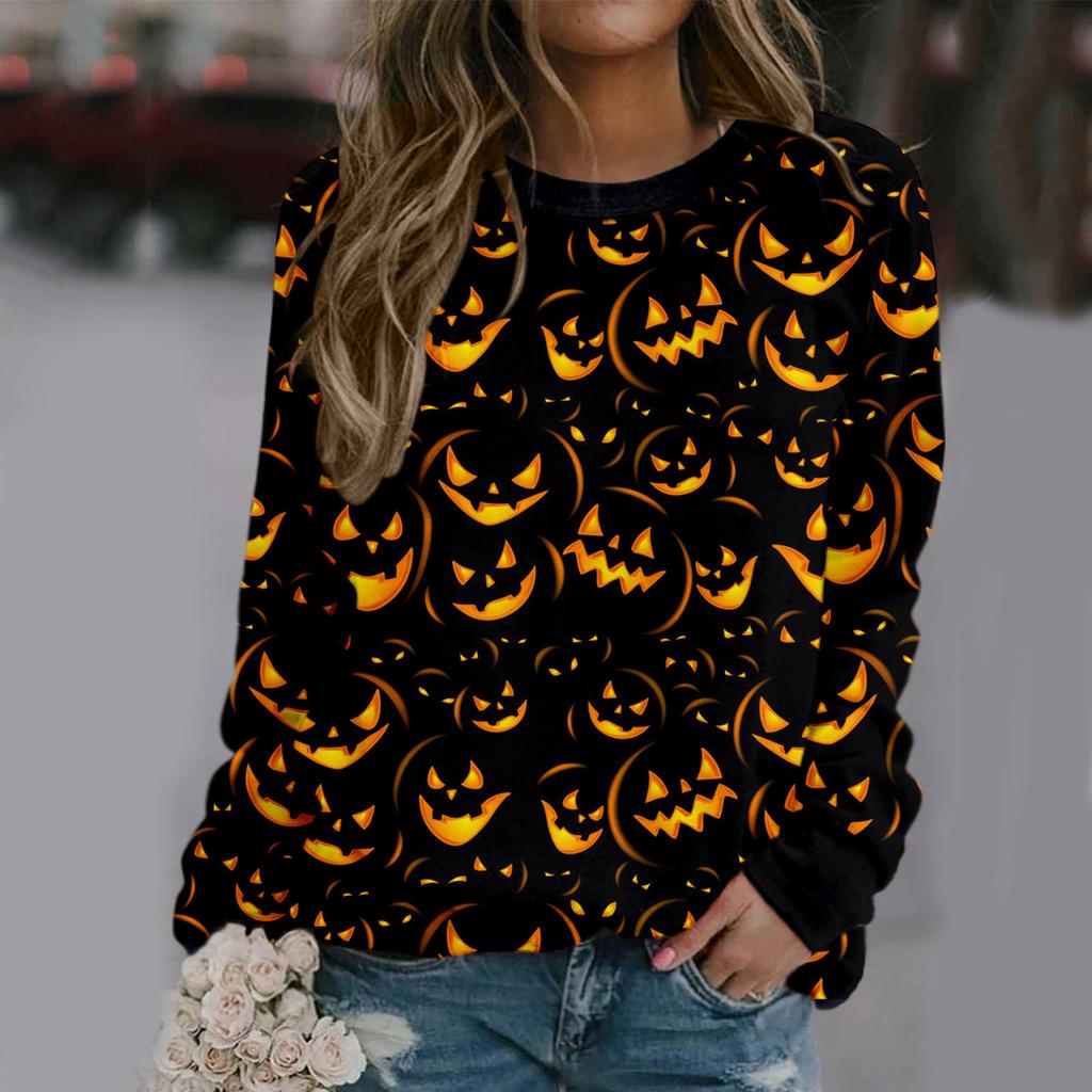 Women Fashion Halloween Printed Long Sleeve  Stitching Sweatshirt Top