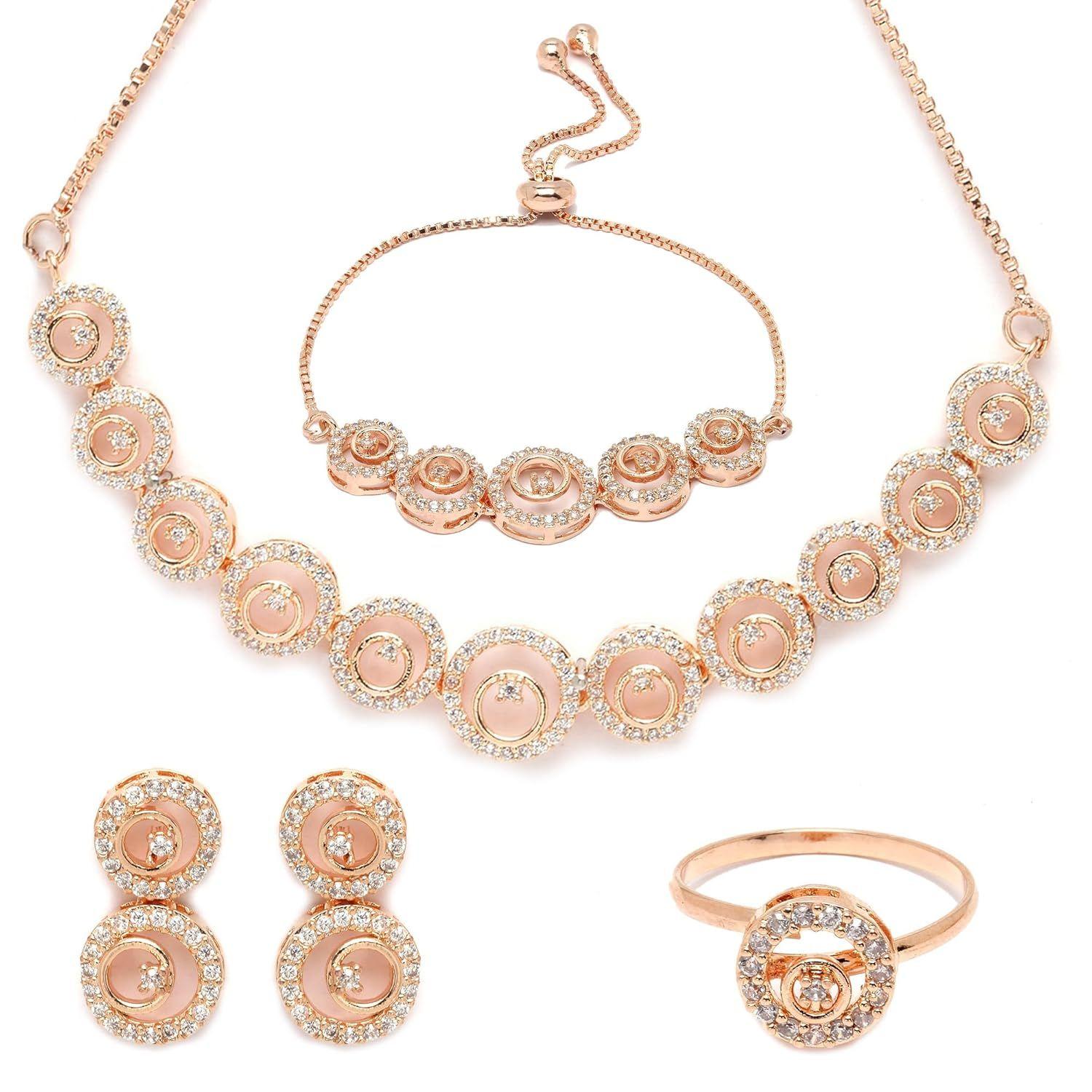 Модный комплект ожерелья-чокера с кубическим цирконием с золотым покрытием, кольцо, браслет и серьги для женщин, набор из 4 предметов