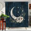 1pc Moon and Stars Shower Curtain with Floral Accents - Navy Blue Celestial Design, Premium Polyester Fabric 180x200cm
