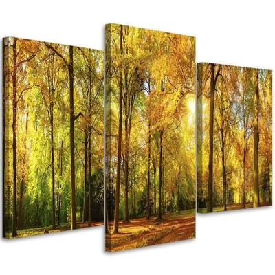Dreiteiliger Leinwanddruck „Waldbaum Herbstgelb“.